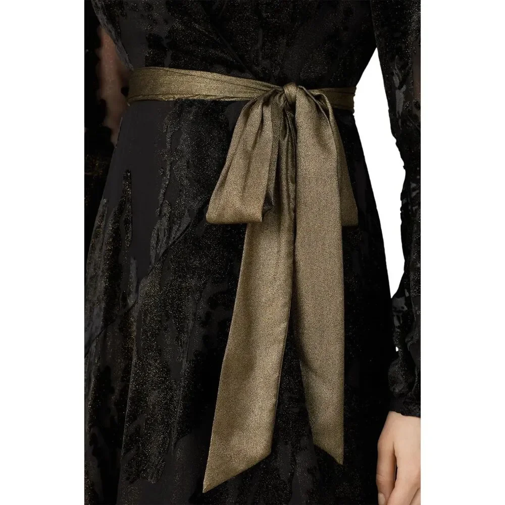 Hutch Black Burnout Velvet Wrap Maxi Dress Metallic Sash Hi-Low Hem Size M - Picture 9 of 12